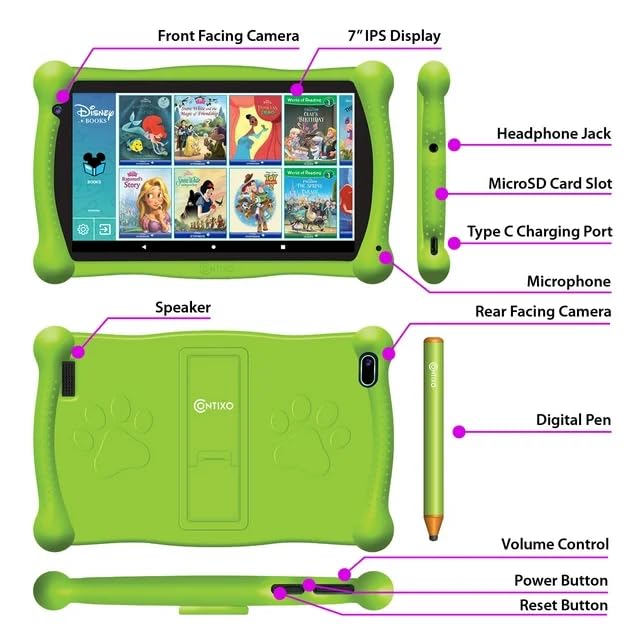 Contixo 7 inch Kids Learning Tablet, Bluetooth Kids Wireless Headphone and Tablet Bag Bundle with with Teacher Approved apps and Parent Control - Green Set