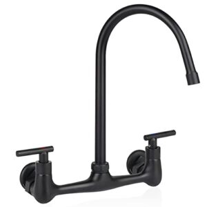 rwusnx matte black 8 inch center wall mount faucet with 6" gooseneck swivel spout, 2-handle commercial kitchen sink faucet for home restaurant kitchens (chrome finish)