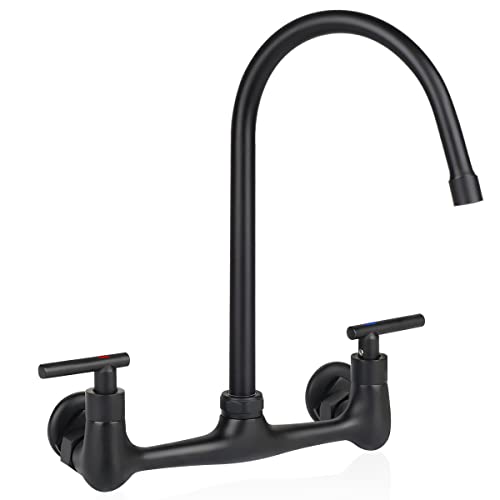 RWUSNX Matte Black 8 Inch Center Wall Mount Faucet with 6" Gooseneck Swivel Spout, 2-Handle Commercial Kitchen Sink Faucet for Home Restaurant Kitchens (Chrome Finish)