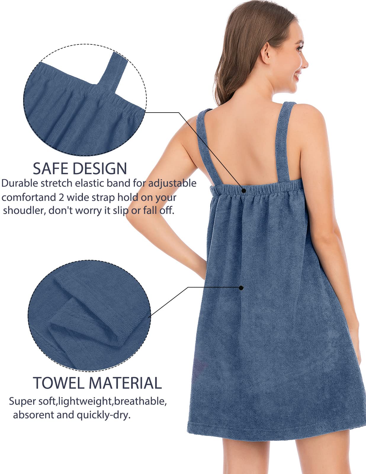 Women’s Terry Cloth Bath Towel Wrap with Adjustable Closure Elastic Robe & Facial Strap (M,Grey Blue)