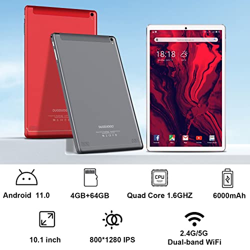 DUODUOGO Android 11 Tablet 2 in 1, 10 Inch Tablet, Tablet with Keyboard, 4GB RAM 64GB ROM, 1280x 800 HD IPS, Dual Camera, 6000mAh, Bluetooth, OTG, 2.4G+5G WiFi Tablet PC, DGO-T30