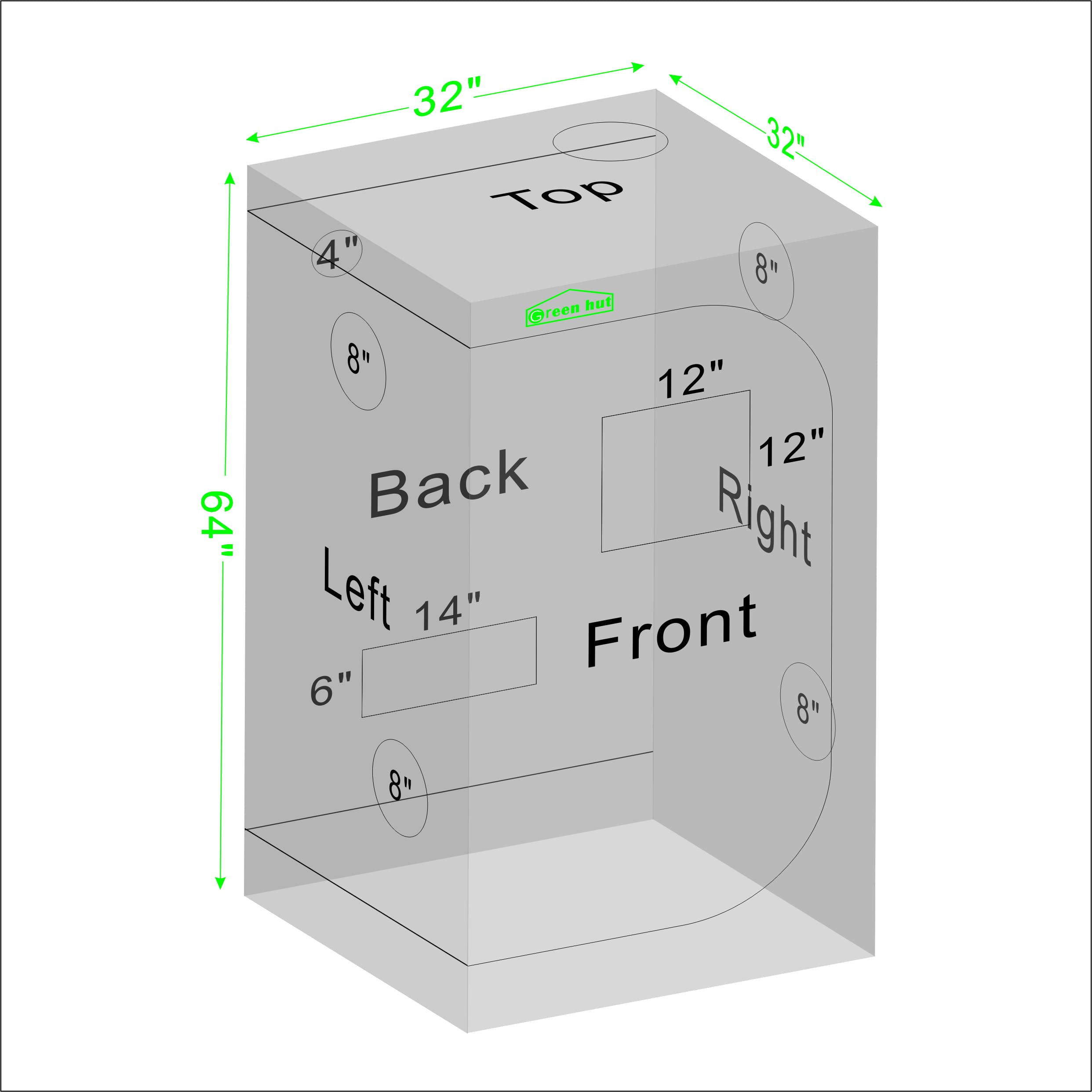 Green Hut Grow Tent 32"x32"x63", High Reflective Mylar Dark Room with Observation Window, Removable Floor Tray and Tool Bag for Indoor Plant Growing 3'X3'