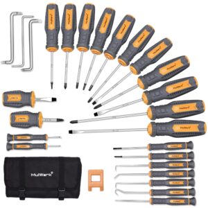 mulwark strong magnetic tip screwdriver set, precision & stubby & angled offset screw driver, pick & hook kit| roll bag| torx star phillips flat square head driversets