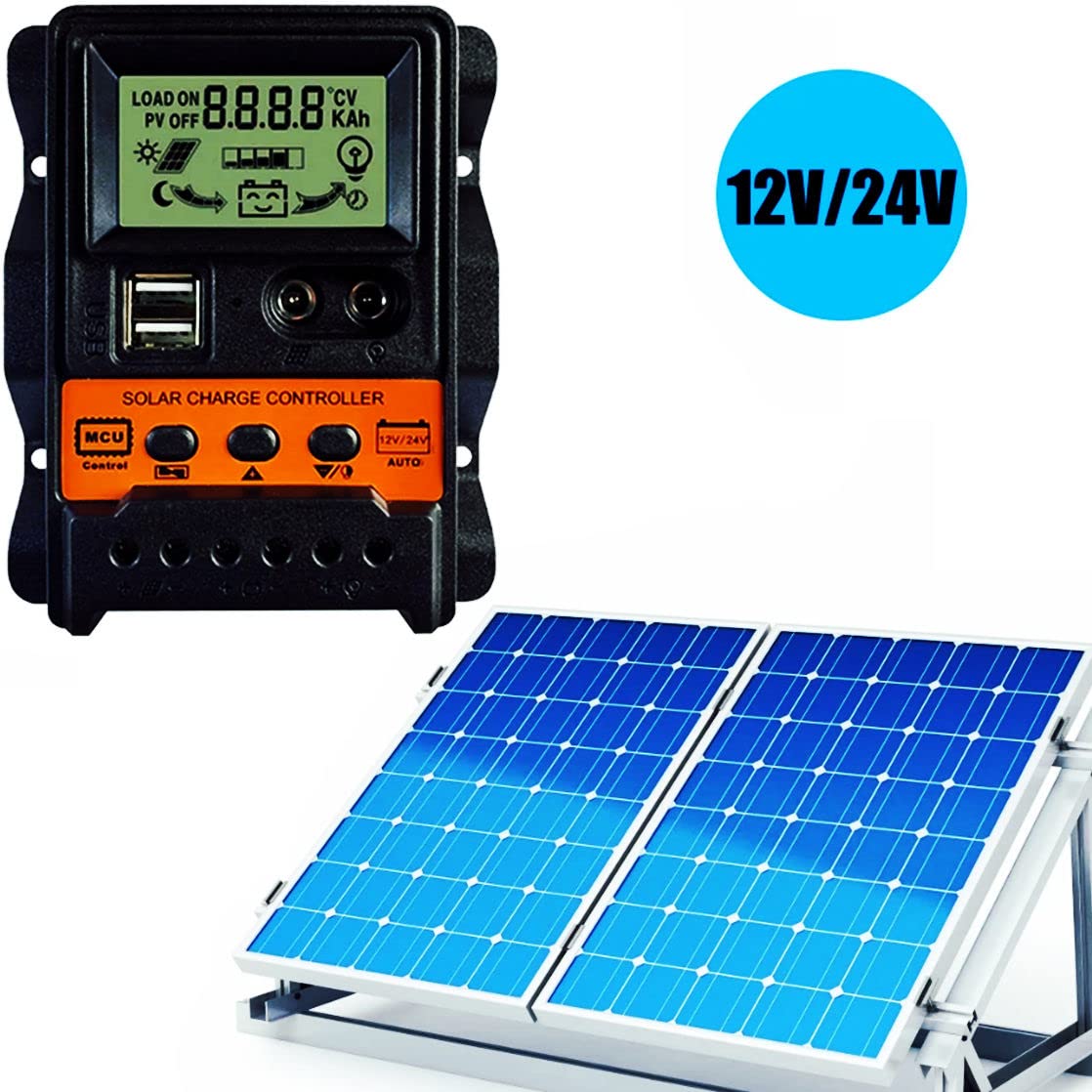 [2023 Upgraded] 20A Non-MPPT Solar Charge Controller, Black Solar Panel Battery Intelligent Regulator with Dual USB Port 12V/24V PWM Auto Paremeter Adjustable LCD Display (20a)