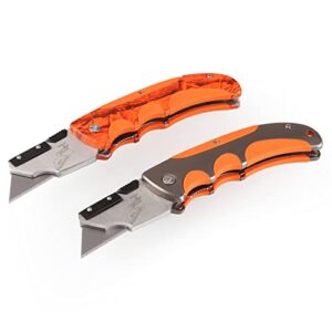 utility knife set 2pk, olympia tools folding cutter, quick change mechanism sk5 blade, aluminum and rubber durable handle with metal belt clip, orange camo cutter