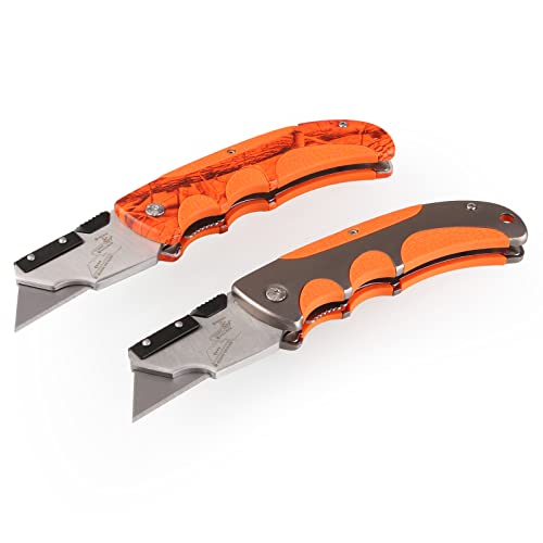 Utility Knife Set 2PK, Olympia Tools Folding Cutter, Quick Change mechanism SK5 Blade, Aluminum and Rubber Durable Handle with Metal Belt Clip, Orange CAMO Cutter