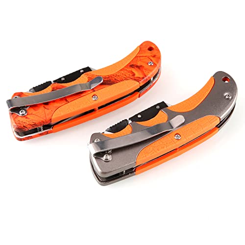 Utility Knife Set 2PK, Olympia Tools Folding Cutter, Quick Change mechanism SK5 Blade, Aluminum and Rubber Durable Handle with Metal Belt Clip, Orange CAMO Cutter