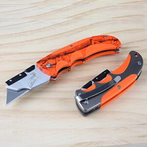 Utility Knife Set 2PK, Olympia Tools Folding Cutter, Quick Change mechanism SK5 Blade, Aluminum and Rubber Durable Handle with Metal Belt Clip, Orange CAMO Cutter