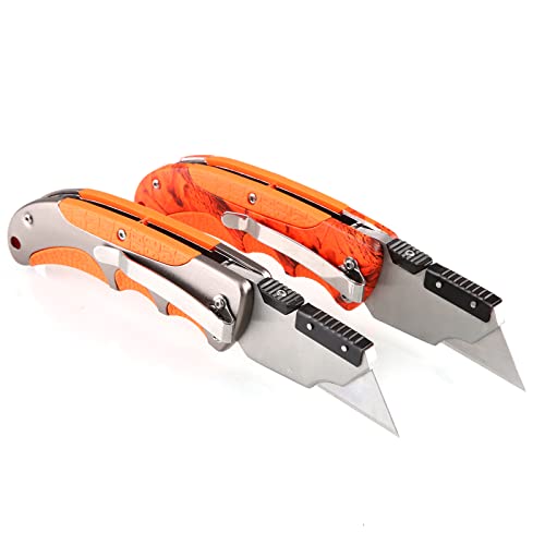 Utility Knife Set 2PK, Olympia Tools Folding Cutter, Quick Change mechanism SK5 Blade, Aluminum and Rubber Durable Handle with Metal Belt Clip, Orange CAMO Cutter