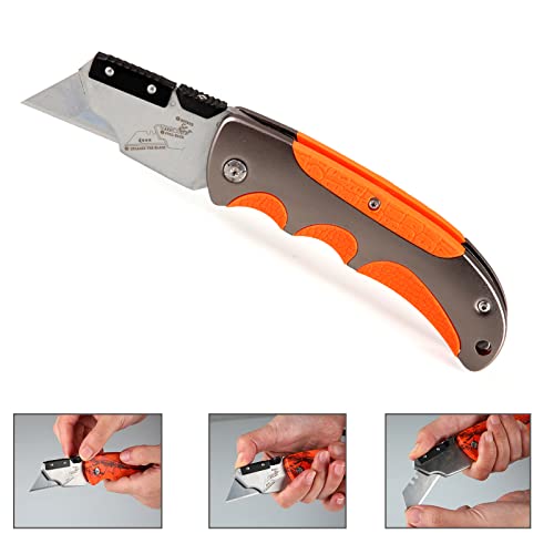 Utility Knife Set 2PK, Olympia Tools Folding Cutter, Quick Change mechanism SK5 Blade, Aluminum and Rubber Durable Handle with Metal Belt Clip, Orange CAMO Cutter