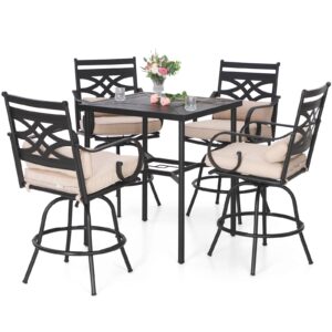 mfstudio 5 pcs outdoor patio bar sets, heavy duty metal 4 swivel counter height chairs with seat & back support cushion, 1 square metal high table, black