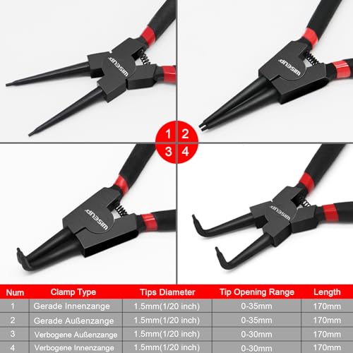 WISEUP Snap Ring Pliers Set Heavy Duty,4PCS-7 inch (Tip Diameter 1/20'') Internal/External Circlip Pliers Kit,Straight/Bent Jaw Pliers Tips C-Clip Pliers for Ring Remover Retaining