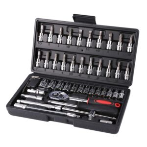 icool 46pcs 1/4 inch drive socket set, ratchet socket wrench set with s2 bit sockets, 72-teeth reversible ratchet, 4-14mm sockets for home or automobile maintenance