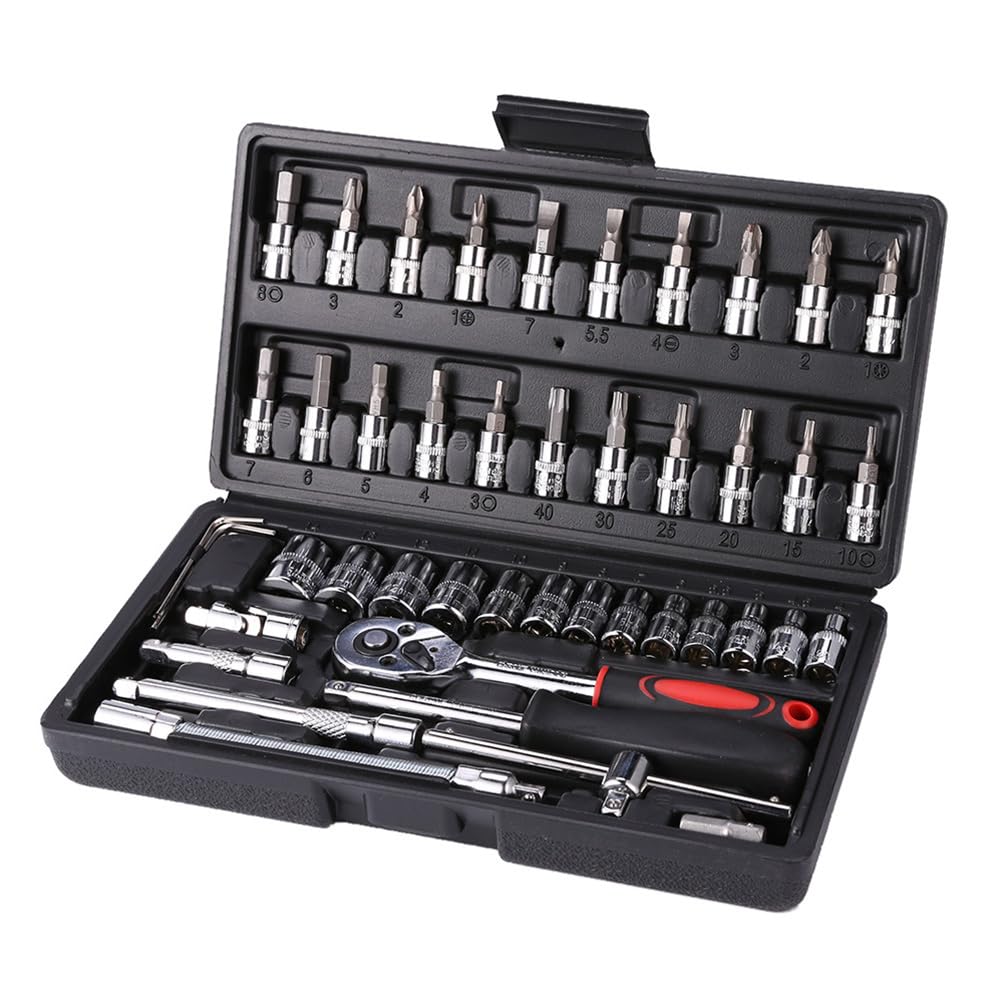 ICOOL 46pcs 1/4 Inch Drive Socket Set, Ratchet Socket Wrench Set with S2 Bit Sockets, 72-Teeth Reversible Ratchet, 4-14mm Sockets for Home or Automobile Maintenance