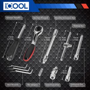 ICOOL 46pcs 1/4 Inch Drive Socket Set, Ratchet Socket Wrench Set with S2 Bit Sockets, 72-Teeth Reversible Ratchet, 4-14mm Sockets for Home or Automobile Maintenance