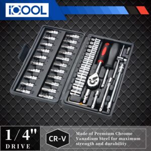 ICOOL 46pcs 1/4 Inch Drive Socket Set, Ratchet Socket Wrench Set with S2 Bit Sockets, 72-Teeth Reversible Ratchet, 4-14mm Sockets for Home or Automobile Maintenance