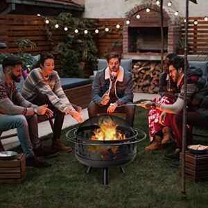 Giantex Round Fire Pit, 30 Inch Outdoor Wood Burning Fire Bowl with Fire Poker & Cooking Grill Grid, Spark Screen Cover, Heavy-Duty Metal Firepit for Patio Barbecue Camping Bonfire Party (Black)