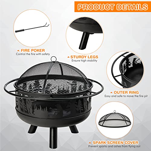 Giantex Round Fire Pit, 30 Inch Outdoor Wood Burning Fire Bowl with Fire Poker & Cooking Grill Grid, Spark Screen Cover, Heavy-Duty Metal Firepit for Patio Barbecue Camping Bonfire Party (Black)