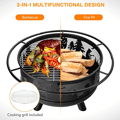 Giantex Round Fire Pit, 30 Inch Outdoor Wood Burning Fire Bowl with Fire Poker & Cooking Grill Grid, Spark Screen Cover, Heavy-Duty Metal Firepit for Patio Barbecue Camping Bonfire Party (Black)