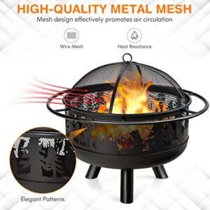 Giantex Round Fire Pit, 30 Inch Outdoor Wood Burning Fire Bowl with Fire Poker & Cooking Grill Grid, Spark Screen Cover, Heavy-Duty Metal Firepit for Patio Barbecue Camping Bonfire Party (Black)