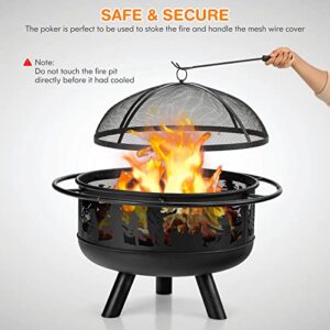 Giantex Round Fire Pit, 30 Inch Outdoor Wood Burning Fire Bowl with Fire Poker & Cooking Grill Grid, Spark Screen Cover, Heavy-Duty Metal Firepit for Patio Barbecue Camping Bonfire Party (Black)