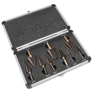 stark 9-pieces step drill bit set unibit, titanium coated, double cutting blades, high speed steel, short length drill bits with case