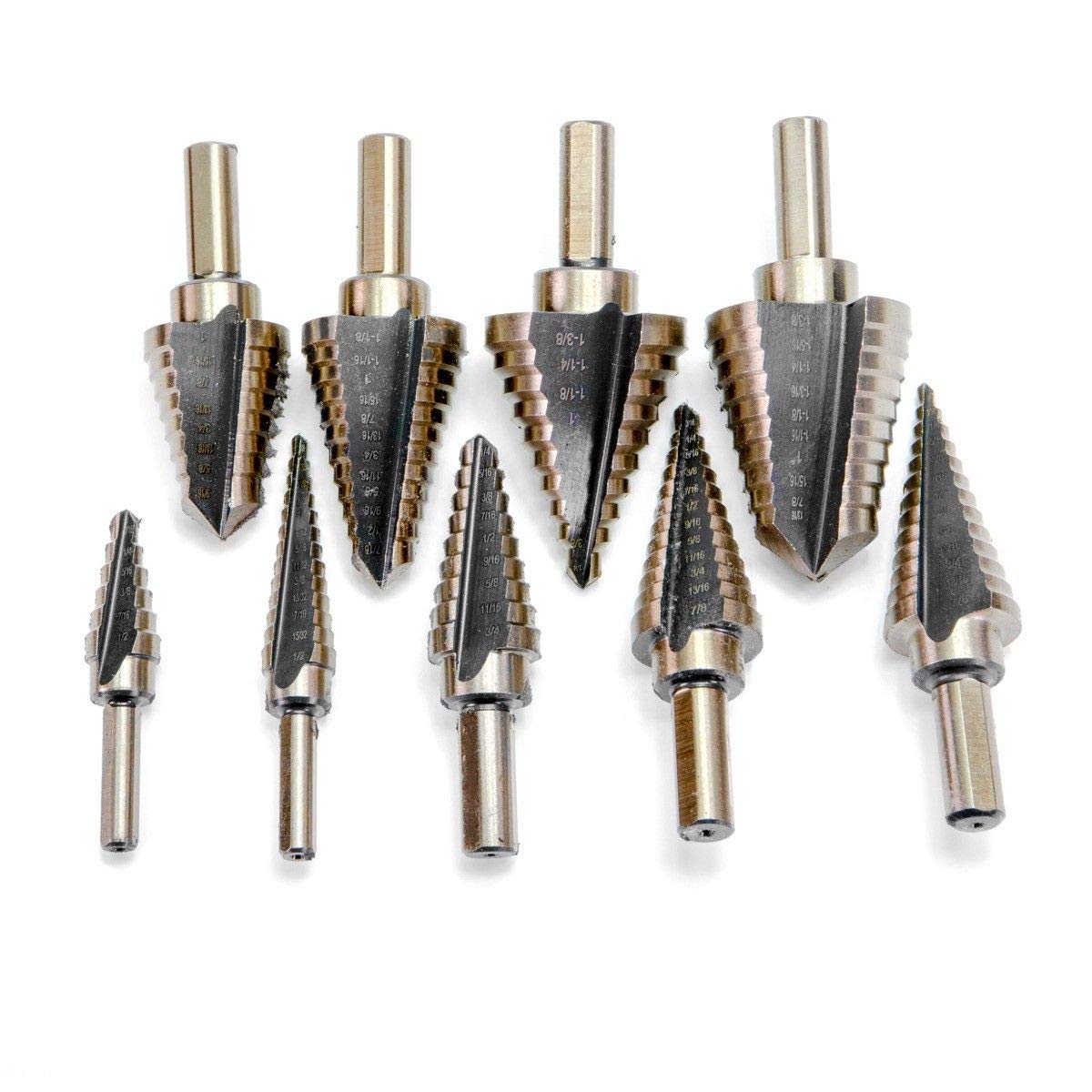 Stark 9-Pieces Step Drill Bit Set Unibit, Titanium Coated, Double Cutting Blades, High Speed Steel, Short Length Drill Bits With Case