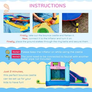 Outsunny 5-in-1 Inflatable Water Slide, Narwhal Theme Bounce House with Climbing Wall, Water Cannon, Water Pool, Trampoline, Repair Patch and 450W Air Blower