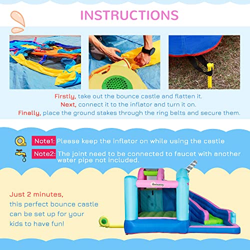 Outsunny 5-in-1 Inflatable Water Slide, Narwhal Theme Bounce House with Climbing Wall, Water Cannon, Water Pool, Trampoline, Repair Patch and 450W Air Blower