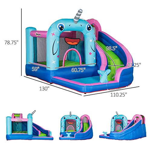 Outsunny 5-in-1 Inflatable Water Slide, Narwhal Theme Bounce House with Climbing Wall, Water Cannon, Water Pool, Trampoline, Repair Patch and 450W Air Blower