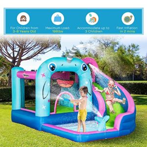 Outsunny 5-in-1 Inflatable Water Slide, Narwhal Theme Bounce House with Climbing Wall, Water Cannon, Water Pool, Trampoline, Repair Patch and 450W Air Blower