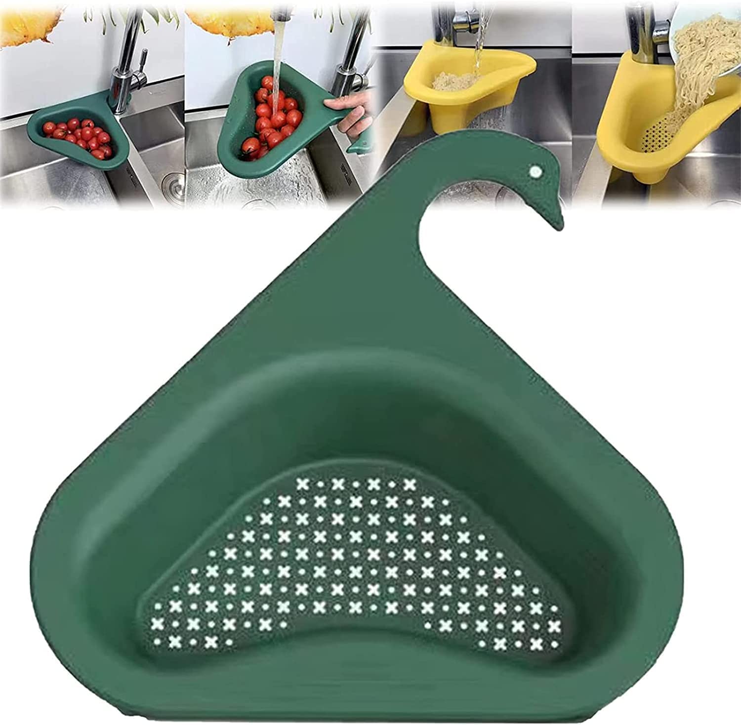 Swan Drain Basket for Kitchen Sink, 2Pcs Triangle Sink Drain Rack Kitchen Sink Strainer Basket, Multifunctional Kitchen Triangular Sink Filter, Fits Sinks (1PC, Green)