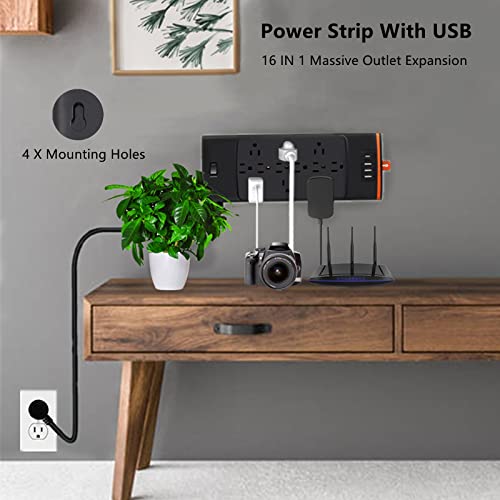 Surge Protector Power Strip, 6 Ft Extension Cord Power Strip, 12 Outlets & 4 USB (3A1C) Ports,1875W, 2700J, College, Dorm, Home, Office Essentials