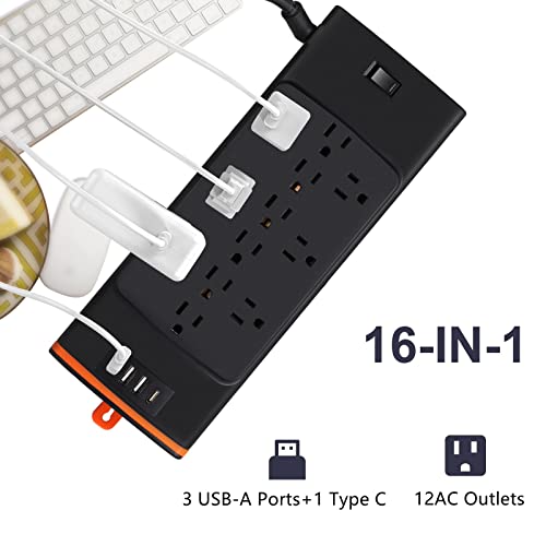 Surge Protector Power Strip, 6 Ft Extension Cord Power Strip, 12 Outlets & 4 USB (3A1C) Ports,1875W, 2700J, College, Dorm, Home, Office Essentials