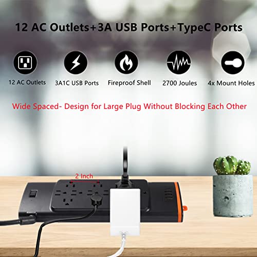 Surge Protector Power Strip, 6 Ft Extension Cord Power Strip, 12 Outlets & 4 USB (3A1C) Ports,1875W, 2700J, College, Dorm, Home, Office Essentials