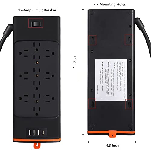 Surge Protector Power Strip, 6 Ft Extension Cord Power Strip, 12 Outlets & 4 USB (3A1C) Ports,1875W, 2700J, College, Dorm, Home, Office Essentials