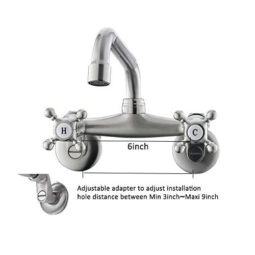 Wesliv Brushed Nickel Wall Mount Kitchen Faucet Double Cross Handle Commercial 3 Inch to 9 Inch Adjustable Spread Mixer Tap with 9 inch Spout Reach, Hot and Cold Water Mixer Tap 360 Rotatable Faucet