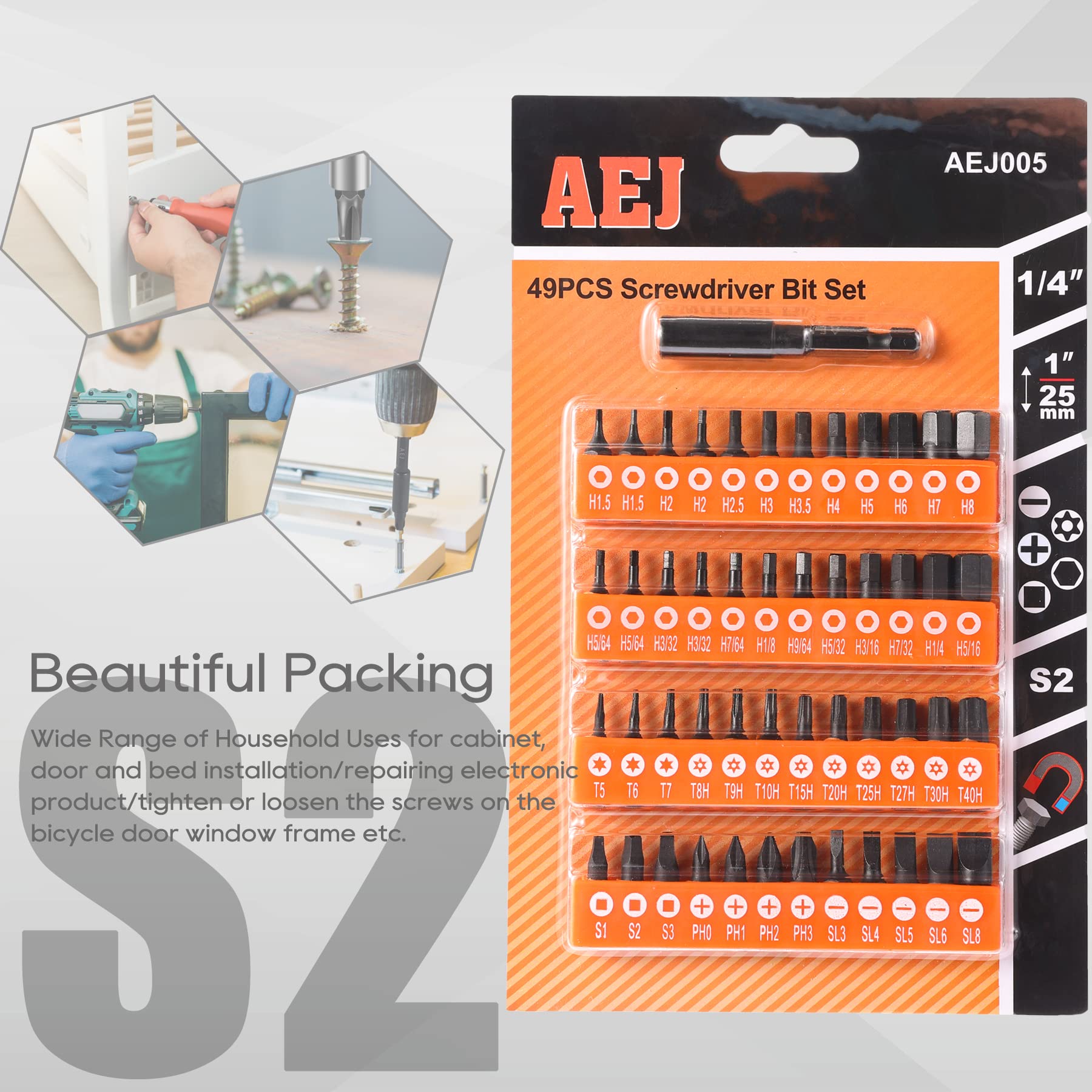 AEJ 49-Pack Screwdriver Bit Set, Hex Head Drill Bit Set, Torx Square Slotted Phillips Bit Set with 1/4" Bit Holder, 1/4 Hex Shank, S2 Steel, 1"Long