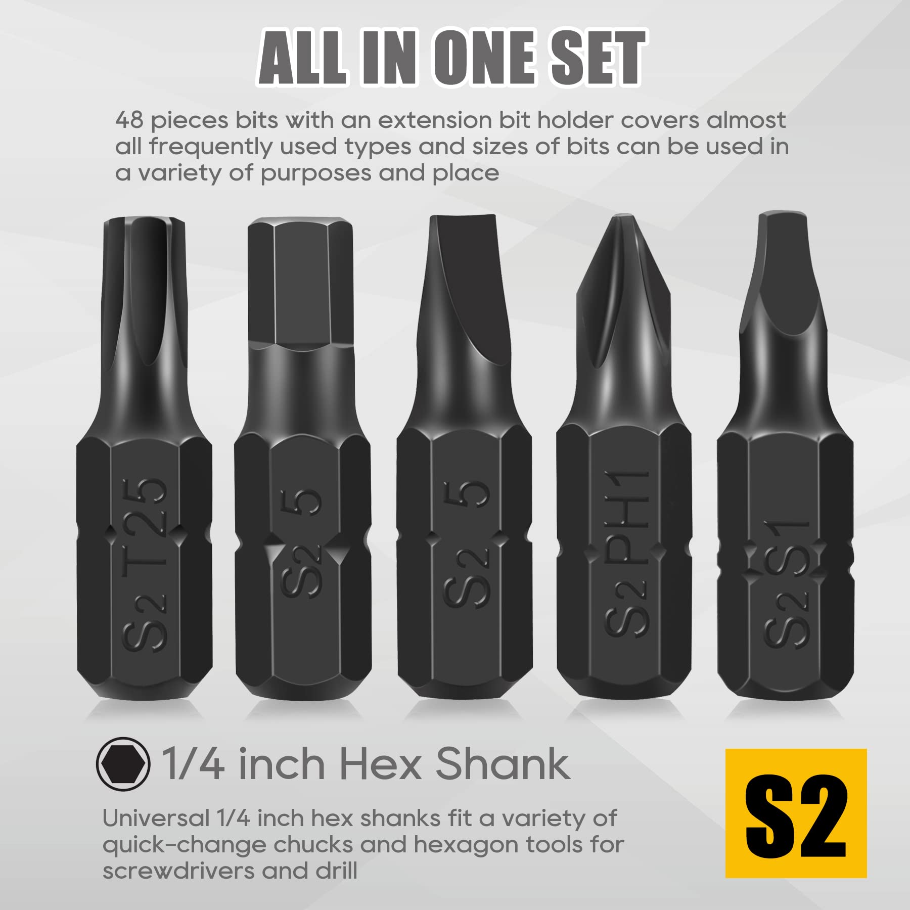 AEJ 49-Pack Screwdriver Bit Set, Hex Head Drill Bit Set, Torx Square Slotted Phillips Bit Set with 1/4" Bit Holder, 1/4 Hex Shank, S2 Steel, 1"Long