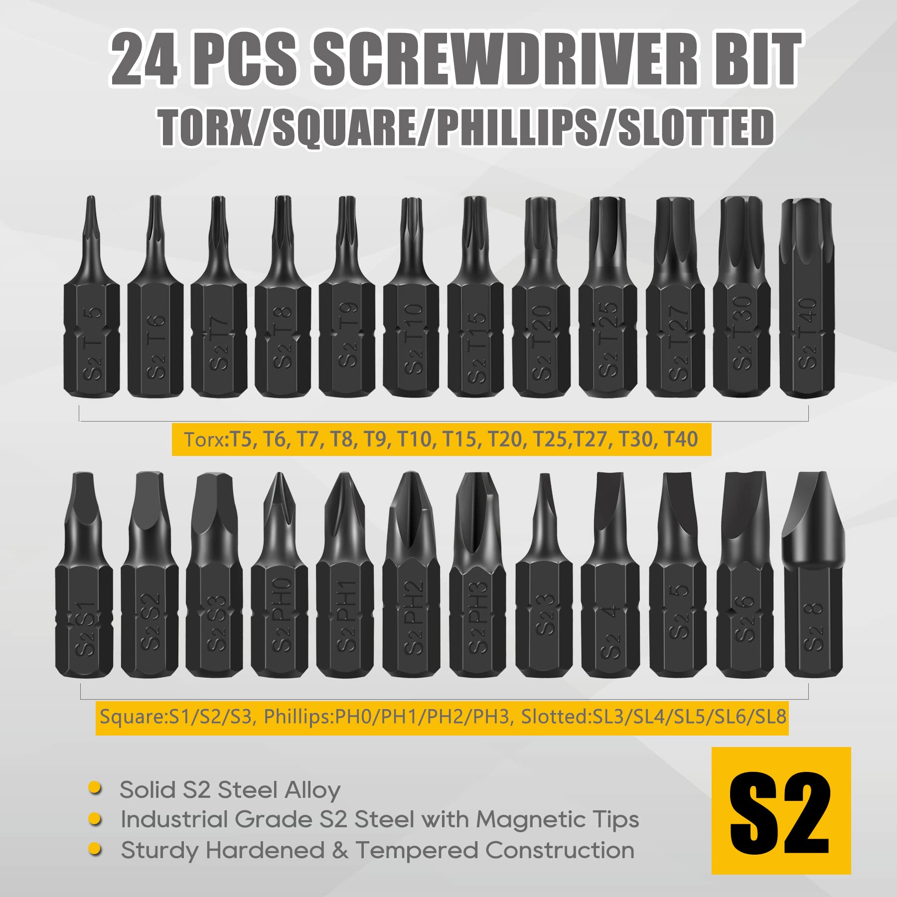 AEJ 49-Pack Screwdriver Bit Set, Hex Head Drill Bit Set, Torx Square Slotted Phillips Bit Set with 1/4" Bit Holder, 1/4 Hex Shank, S2 Steel, 1"Long