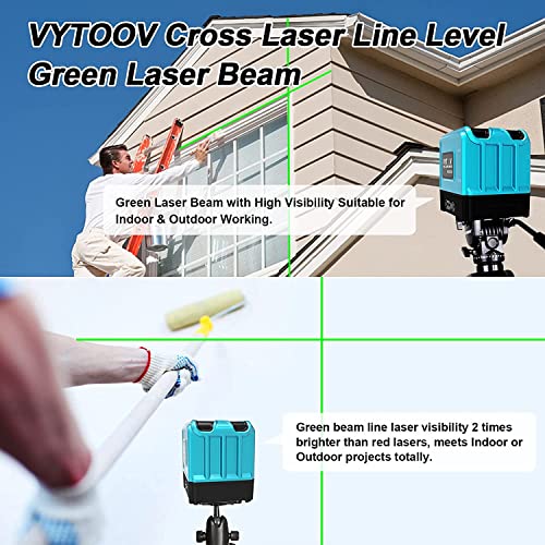 Laser Level Self Leveling VYTOOV Green Laser Level Tool 2 Cross Line Laser Level Rechargeable Horizontal & Vertical Level for Indoor & Outdoor Construction Decor Home Remodel Picture Hanging Tiling