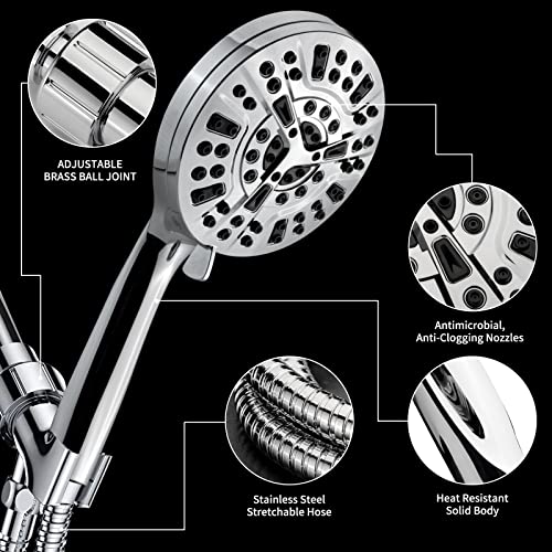 High Pressure Handheld Shower Head, 8-mode Spray Settings + 2 Power Jet Modes Shower Heads, Extra Long 5FT Stainless Steel Hose and Adjustable Bracket for Bath Showerhead (Premium Chrome)