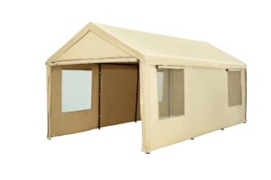 carport, 10 x 20 ft heavy duty carport with ventilated windows, portable garage with removable sidewalls & doors, all-season car canopy for auto, truck, boat, suv, beige cp01