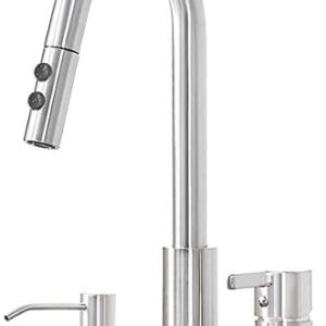 3 Hole Kitchen Faucet, Single Handle Stainless Steel Kitchen Faucets with Pull Down Sprayer, 2 Hole Widespread Kitchen Sink Faucet with Soap Dispenser, Brushed Nickel KMF025L