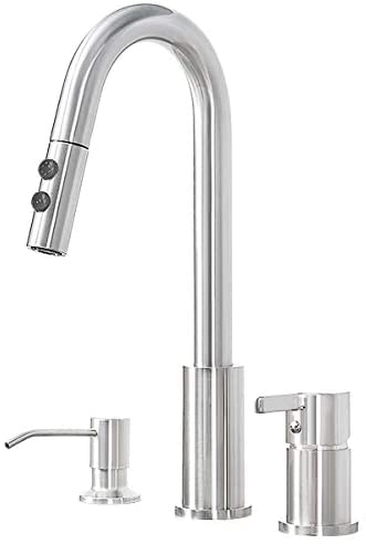 3 Hole Kitchen Faucet, Single Handle Stainless Steel Kitchen Faucets with Pull Down Sprayer, 2 Hole Widespread Kitchen Sink Faucet with Soap Dispenser, Brushed Nickel KMF025L