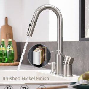 3 Hole Kitchen Faucet, Single Handle Stainless Steel Kitchen Faucets with Pull Down Sprayer, 2 Hole Widespread Kitchen Sink Faucet with Soap Dispenser, Brushed Nickel KMF025L