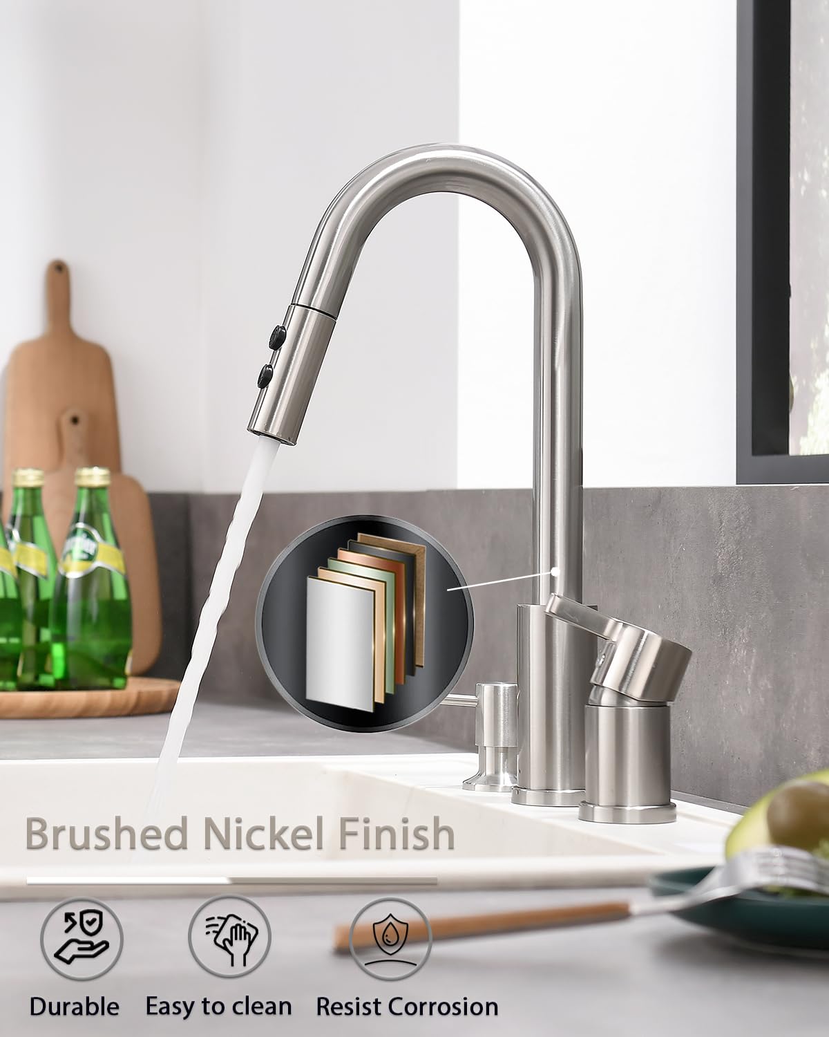 3 Hole Kitchen Faucet, Single Handle Stainless Steel Kitchen Faucets with Pull Down Sprayer, 2 Hole Widespread Kitchen Sink Faucet with Soap Dispenser, Brushed Nickel KMF025L