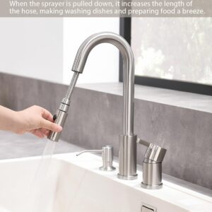 3 Hole Kitchen Faucet, Single Handle Stainless Steel Kitchen Faucets with Pull Down Sprayer, 2 Hole Widespread Kitchen Sink Faucet with Soap Dispenser, Brushed Nickel KMF025L