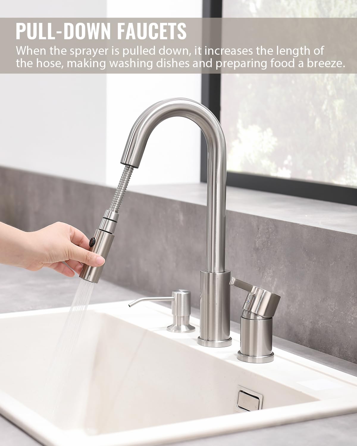 3 Hole Kitchen Faucet, Single Handle Stainless Steel Kitchen Faucets with Pull Down Sprayer, 2 Hole Widespread Kitchen Sink Faucet with Soap Dispenser, Brushed Nickel KMF025L