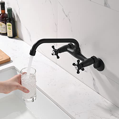 Jshozzy Matte Black Wall Mount Kitchen Sink Faucet Double Handle 3 Inch to 9 Inch Swivel Spout Wall-Mounted Commercial Bar Sink Faucet NSF Lead-Free Hot and Cold Water Mixer Tap Utility Sink Faucet